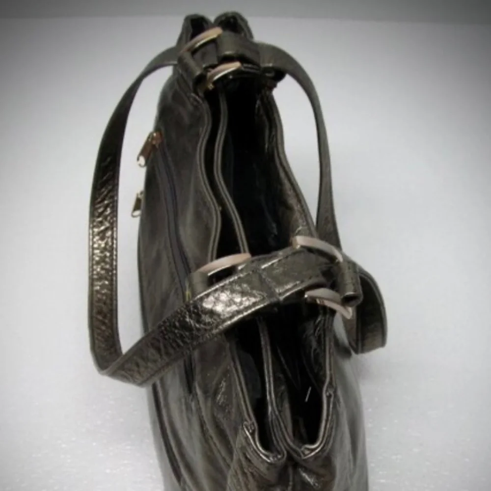 Vintage SAS Leather Purse Metallic Pewter Double Shoulder Straps Snap Zip Close